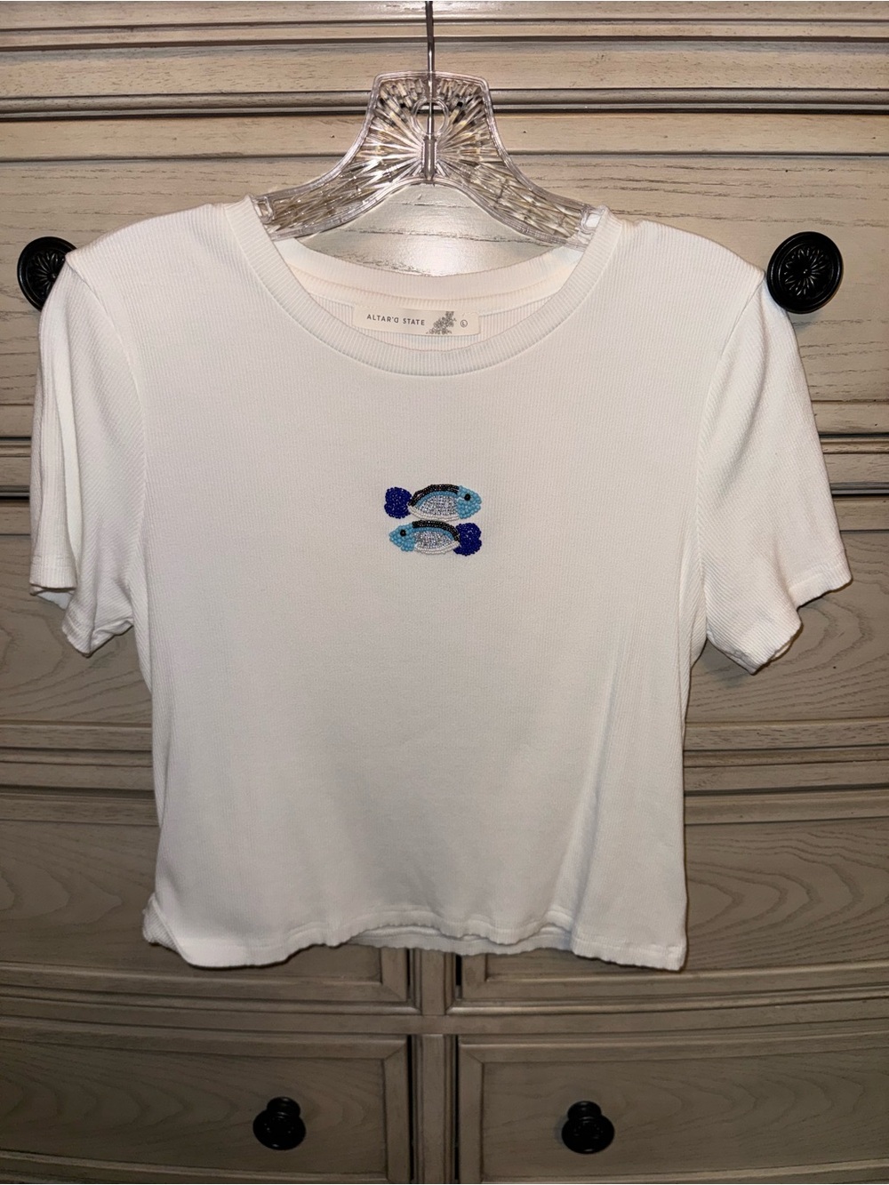 Altar'd State White Ribbed Short Sleeve Tee with Blue Fish Embroidery